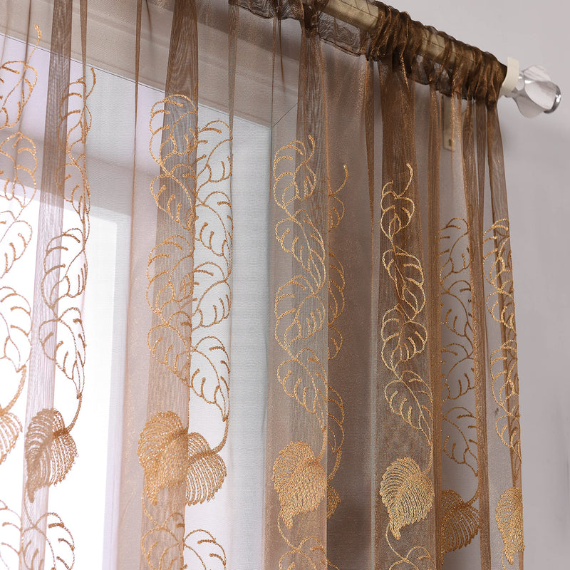 Jiyoyo M8508 Gold Brown Sheer Curtain for Living Room Leaf Pattern Embroidered Window Curtain Rod Pocket Geometric Embroidery Drapes Bedroom Dining Room 84 inch,1 Panel 50W x 84L Inch, 1 Panel - PawsPlanet Australia