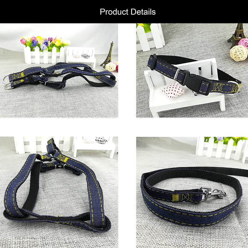 Newtensina Fashion Dogs Harness Collar and Leash Set Comfortable Denim Cloth Puppy Harness Collar with Leashes for Dogs - Black - S - PawsPlanet Australia