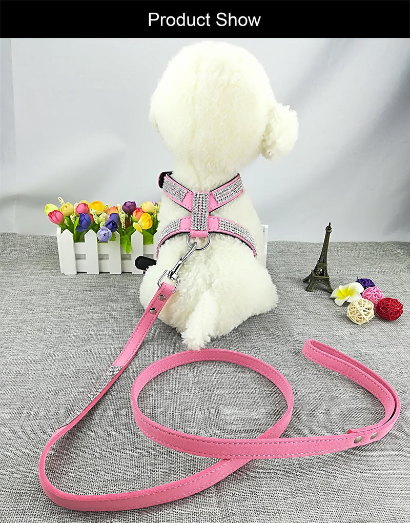 [Australia] - Newtensina Fashion Puppy Harness with Diamantes and Lead Cute Girl Bling Dog Harness with Bling Leash for Small Dogs S Pink 