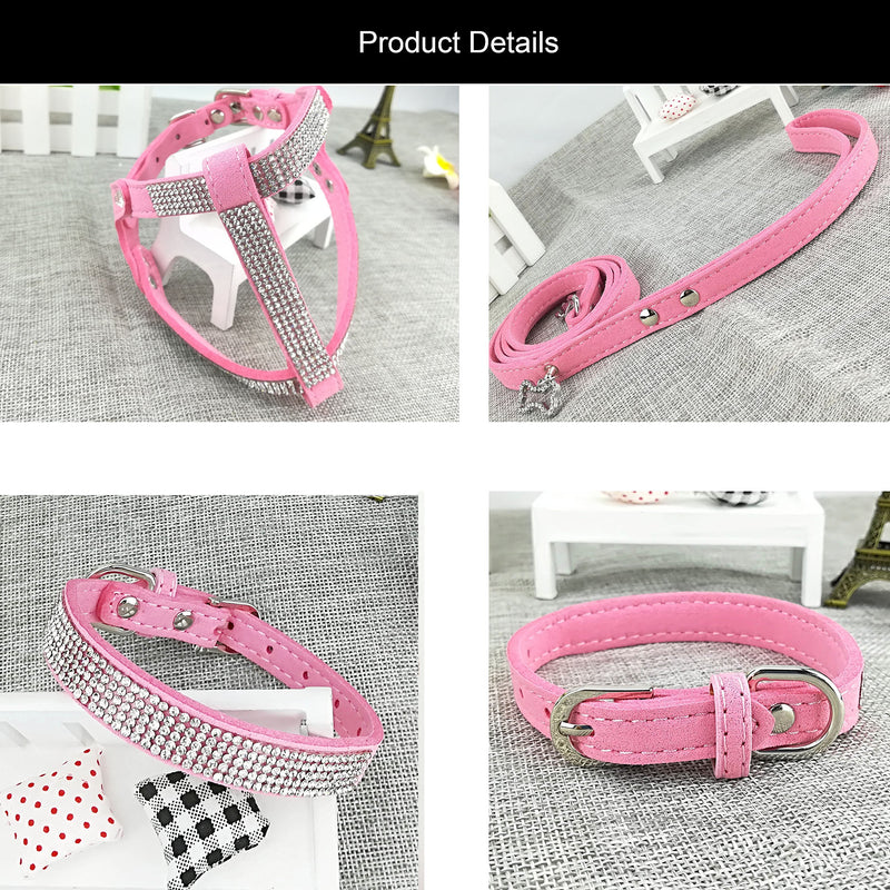 Newtensina Dog Collar & Harness & Lead Sets Fashion Dog Collar Diamante with Harness & Leashes Comfortable Soft Collar Harness and Leashes Set for Dog - Pink - XS - PawsPlanet Australia