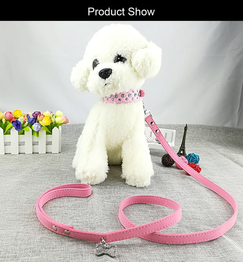 Newtensina Fashion Dog Collar and Lead Set Bling Puppies Collar Cute Diamante Dog Collar with Leashes - Pink - S - PawsPlanet Australia