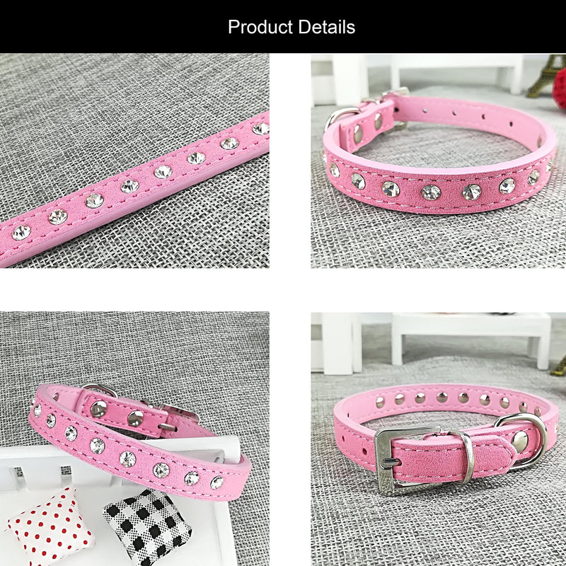 Newtensina Cute Diamante Puppy Collar and Leash Set Bling Suede Collar with Lead for Small Dogs Cats - Pink - XS - PawsPlanet Australia