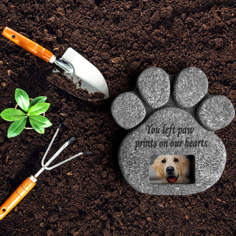 'You Left Paw Prints On Our Hearts' Paw Print Pet Memorial Stone, Grave Marker with Customizable Photo Frame Slot, Loss Of Pet Gift, Personalized Dog or Cat Memorial Headstone, 8.25” x 8” x 1.5” - PawsPlanet Australia