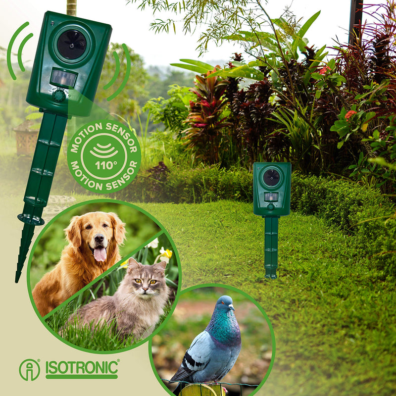 ISOTRONIC animal repellent device ultrasonic animal repeller - set of 2 - battery operated - acoustic animal repellent including ground spike - effectively repel wild animals, small animals, birds, dogs, cats, martens - PawsPlanet Australia