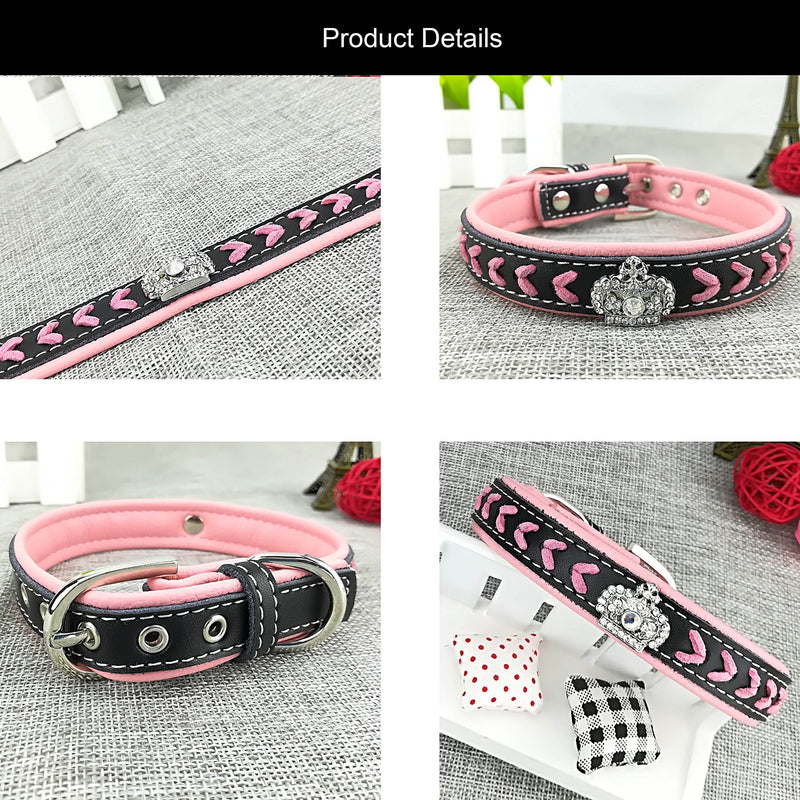 [Australia] - Newtensina Dog Collar and Lead Set Nylon Straps Woven Bling Collar Leather Diamante Puppy Collar with Leash for Dogs Medium Pink 