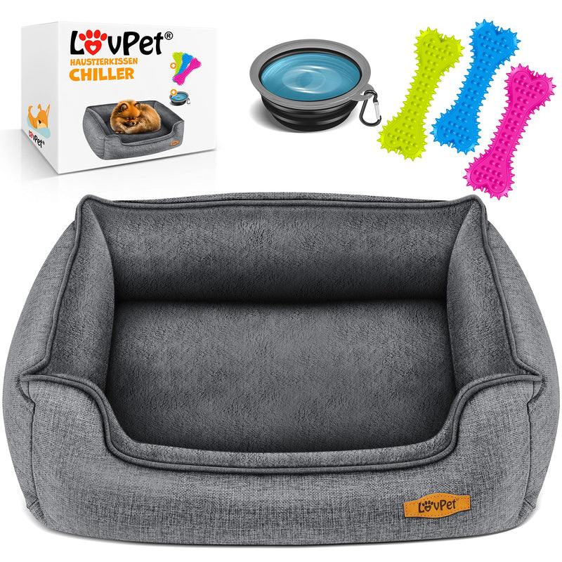 Lovpet® dog bed, dog cushion, dog basket, chiller, including bowl + 3 x chewing bones, dog sofa cushion for small, medium and large dogs, cover removable and washable, L 90 x 75 x 25 cm, gray L (90 x 75 x 25 cm) - PawsPlanet Australia