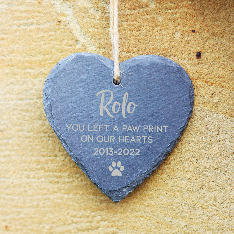 eBuyGB Personalised Slate Hanging Heart Decoration, Pet Memorial Plaque, You Left A Pawprint On Our Hearts Keepsake, Sympathy Gift, Cat/ Dog Loss Bereavement - PawsPlanet Australia