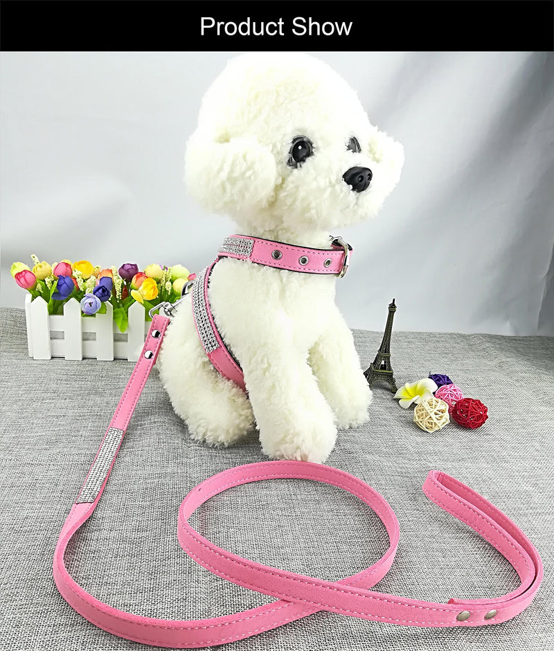 [Australia] - Newtensina Fashion Puppy Harness with Diamantes and Lead Cute Girl Bling Dog Harness with Bling Leash for Small Dogs S Pink 