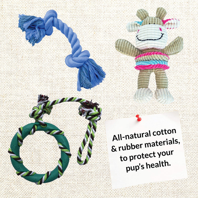 rocket & rex Dog Toy Pack, Chew Toys for Small Dogs and Dog Toys for Puppies, Safe & Non-Toxic, for Small to Medium Breeds, Includes Rope Toys, Plush Squeaky Toy, Ball and Tug of War Toy Cow Chew Toy Set - PawsPlanet Australia