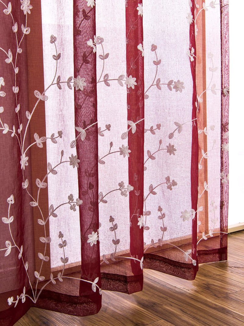 AmHoo 2 Panels Leaf Flora Embroidered Farmhouse Semi Sheer Curtain Voile Curtains for Living Room Bedroom Window Treatment Burgundy Red 53 x 63 Inch - PawsPlanet Australia