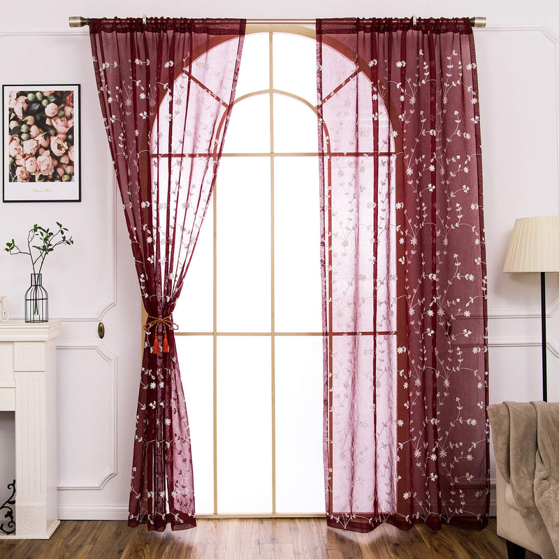 AmHoo 2 Panels Leaf Flora Embroidered Farmhouse Semi Sheer Curtain Voile Curtains for Living Room Bedroom Window Treatment Burgundy Red 53 x 63 Inch - PawsPlanet Australia