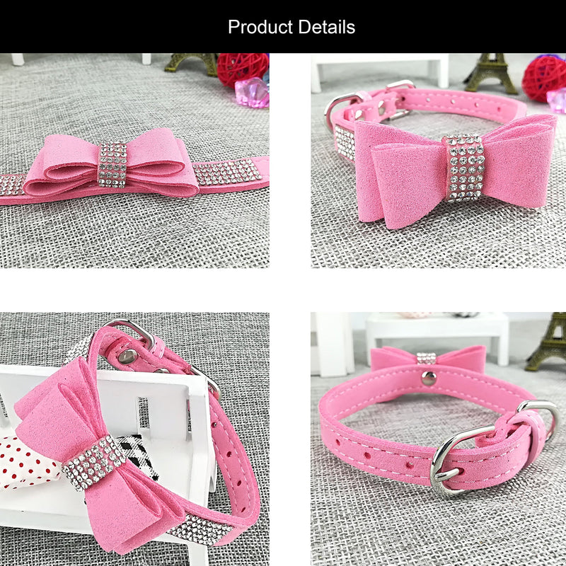 Newtensina Fashion Dog Collar and Lead with Bow Tie Bling Puppy Collar Leash with Bow for Dog - Pink - XS - PawsPlanet Australia