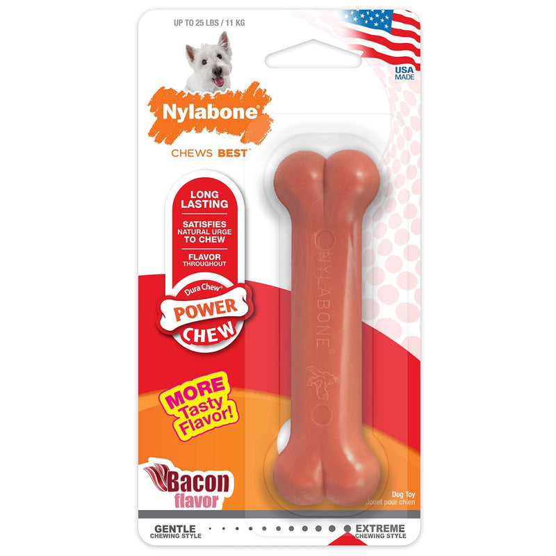 Nylabone Power Chew Dog Bones for Aggressive Chewers Tough Chew Toys for Dogs Bacon Small/Regular (1 Count) - PawsPlanet Australia