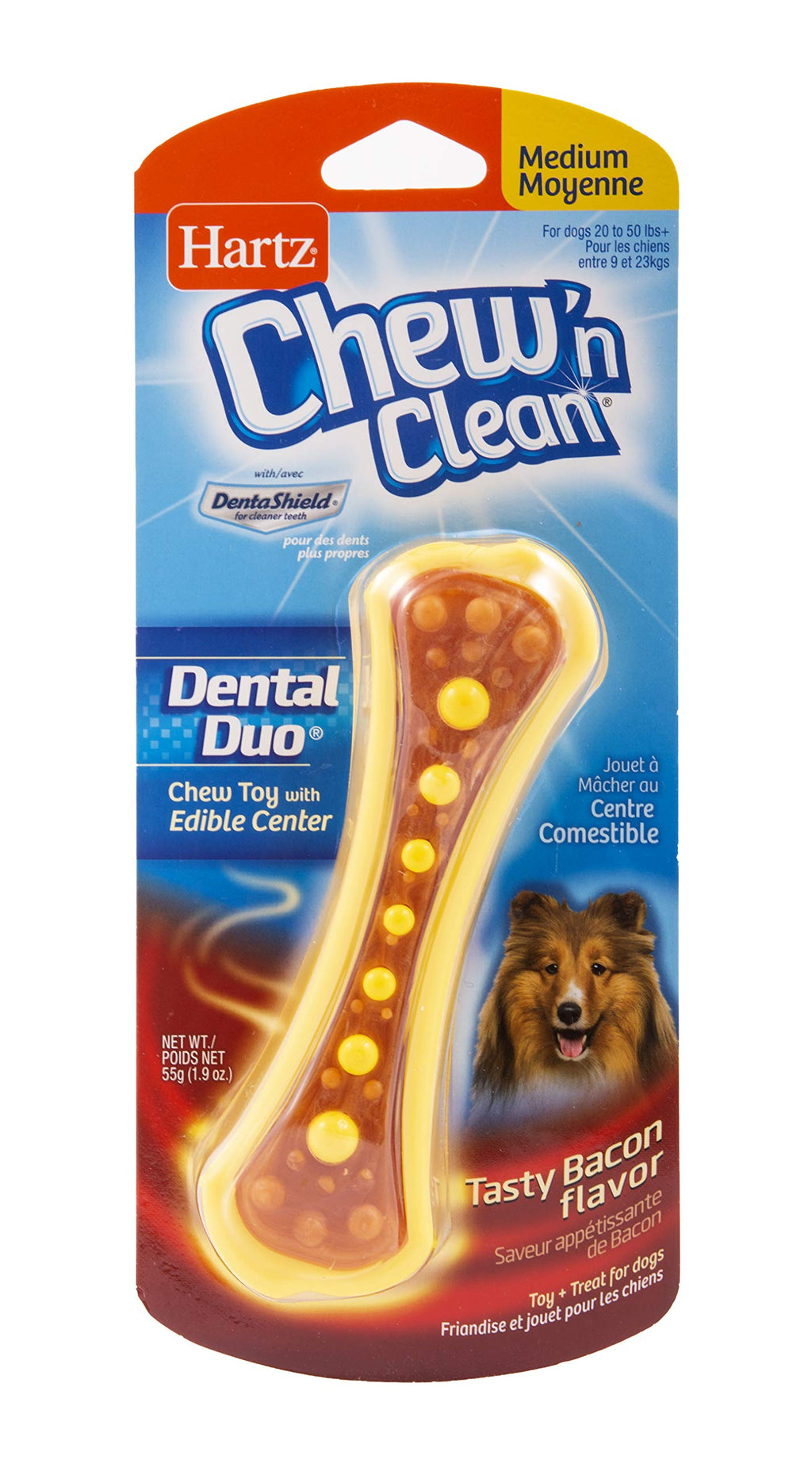 Hartz Chew ‘n Clean Dental Duo Dog Chew Toy, Dog Toy & Bacon Flavored Treat in One, Color & Toy Size Varies 1 Count - PawsPlanet Australia