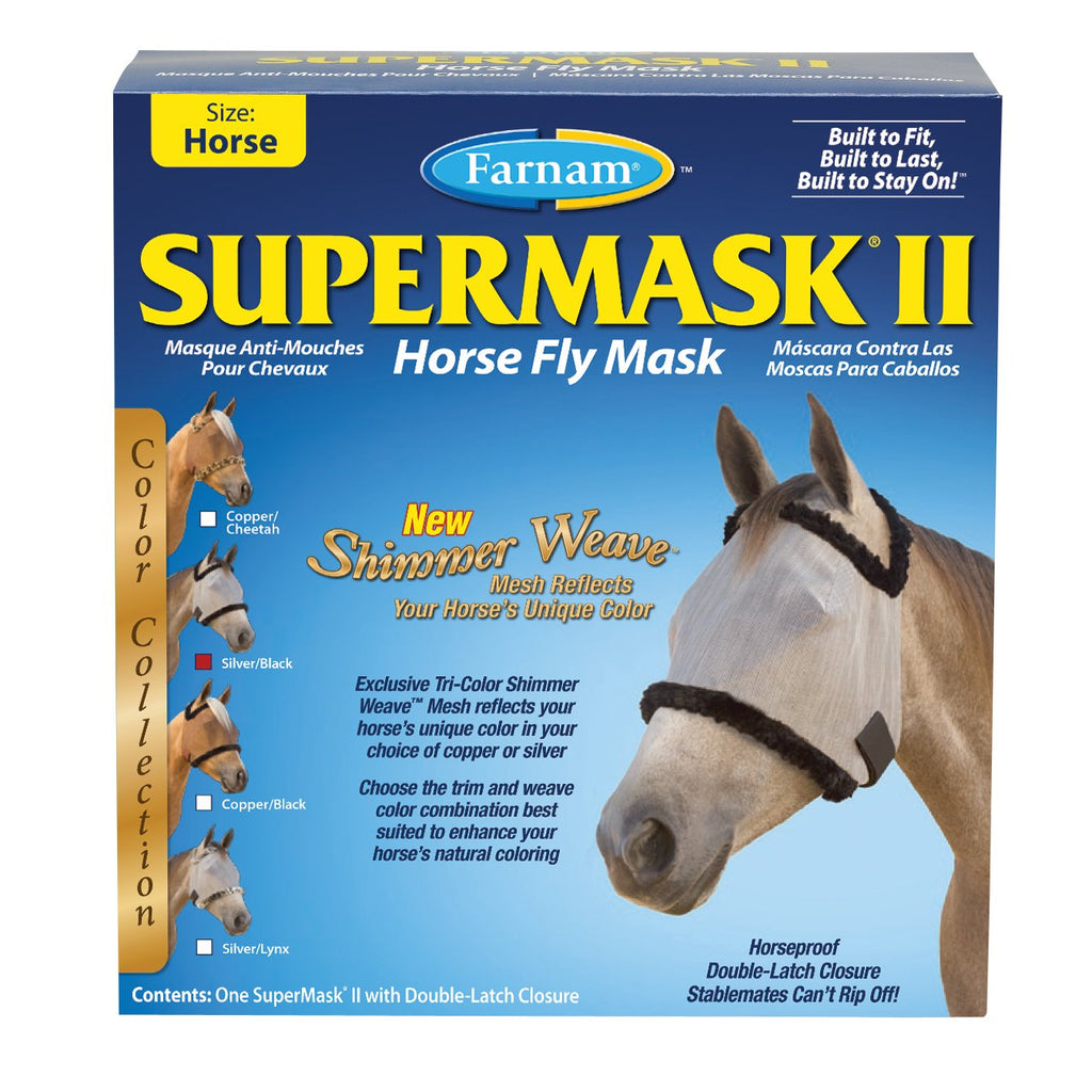 SuperMask II Horse Fly Mask Shimmer Weave Mesh Silver Mesh/Black Trim Standard Packaging - PawsPlanet Australia