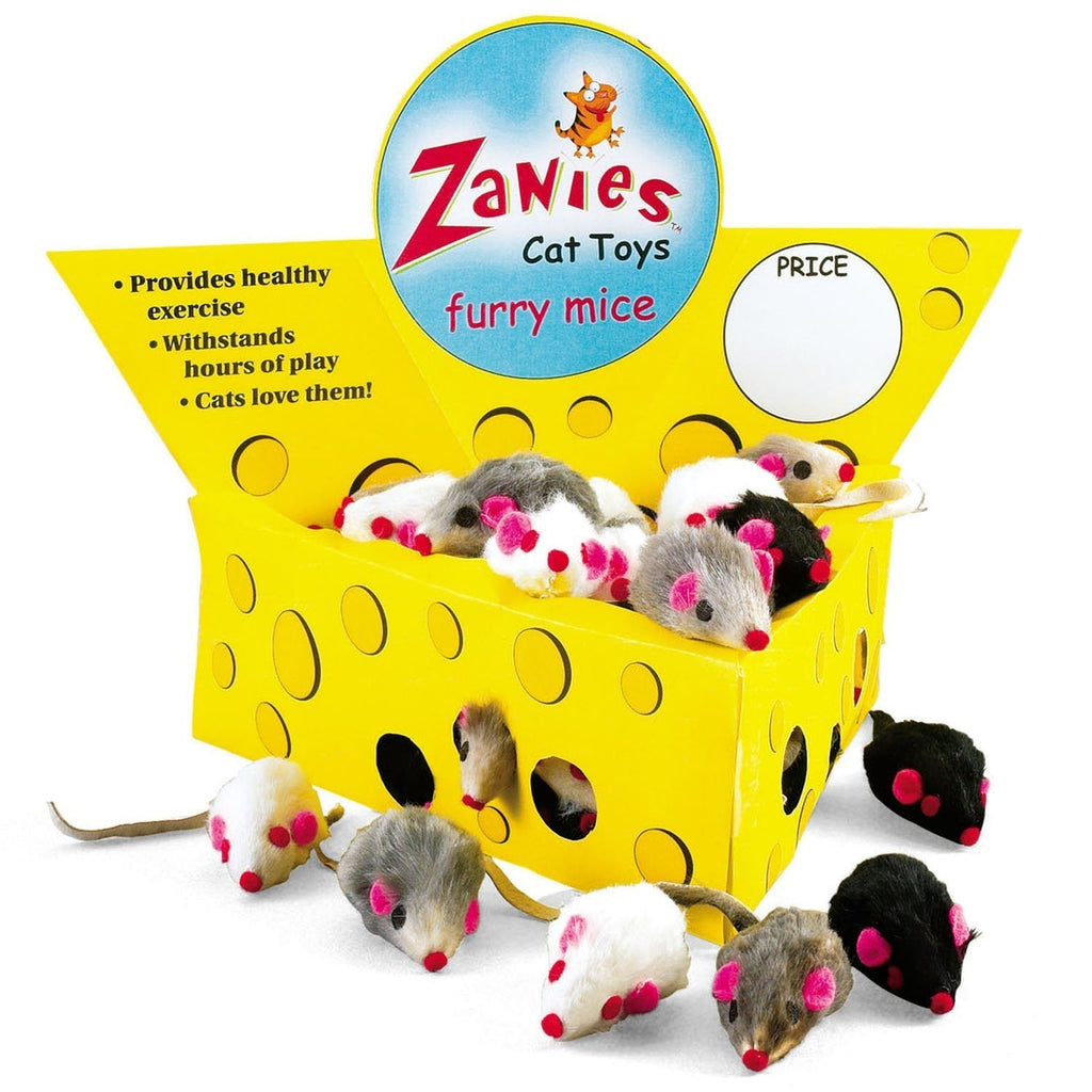 [Australia] - Pet Edge Zanies Cheese Wedge Display Box with 60 Furry Mice Toys for Cats – Mouse Measures 3” in Length Including Tail 