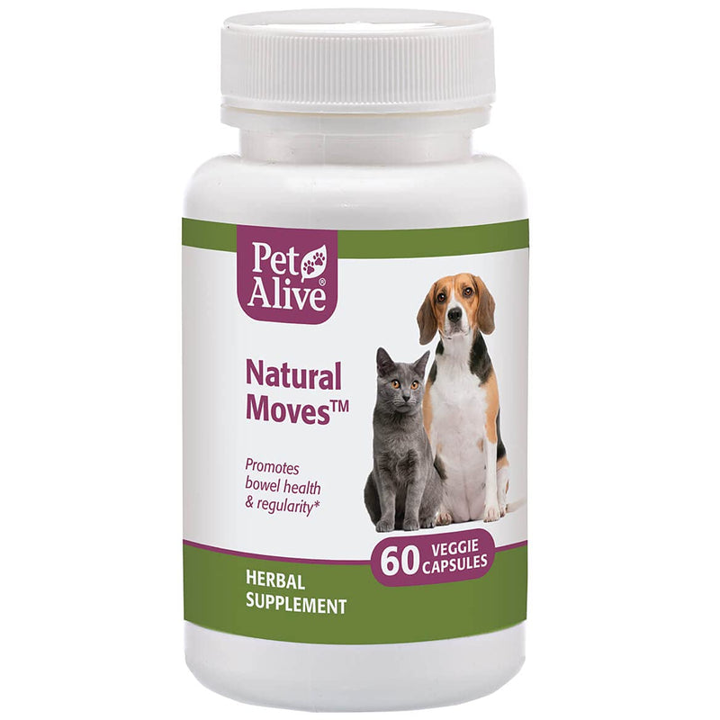 PetAlive Natural Moves - All Natural Herbal Supplement Promotes Bowel Health and Regularity in Cats and Dogs - 60 Veggie Caps - PawsPlanet Australia
