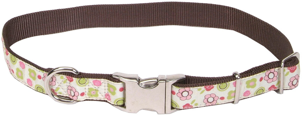 [Australia] - Pet Attire Ribbon Adjustable Nylon Dog Collar with Aluminum Buckle, Floral Rose Pattern, 5/8" x 8-12" 