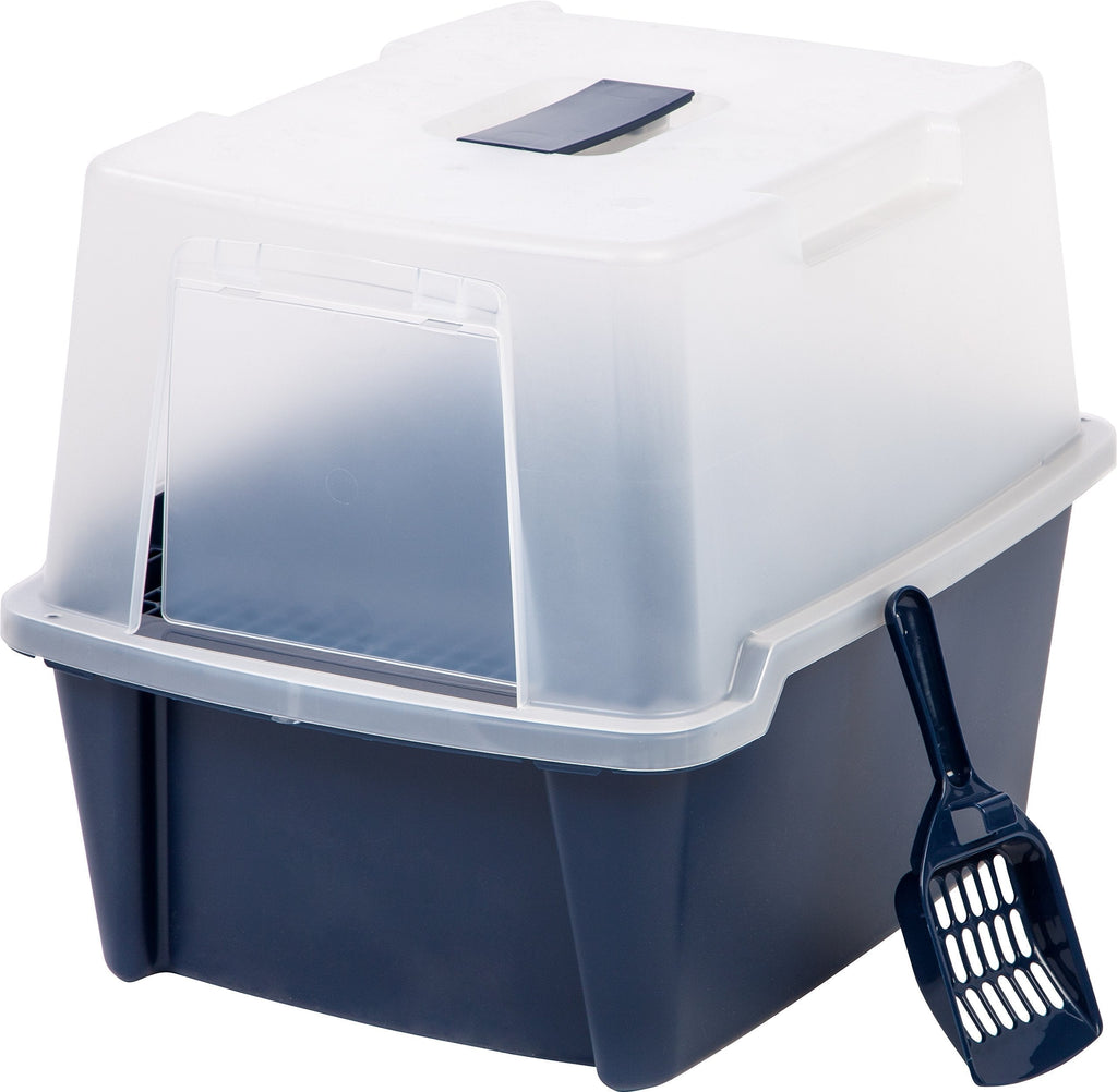 IRIS Large Hooded Litter Box with Scoop and Grate, Blue - PawsPlanet Australia