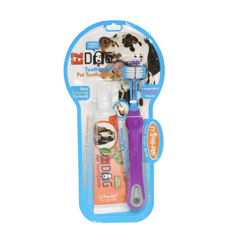 EZ DOG Dental Care Kit Contains 3-Sided Toothbrush & All-Natural Vanilla Toothpaste | Helps Prevent Plaque & Tartar Buildup | Dogs Love the Taste, Large Breed - PawsPlanet Australia