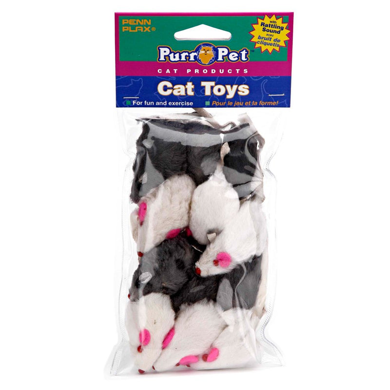 Penn-Plax Play Fur Mice Cat Toys | Mixed Bag of 12 Play Mice with Rattling Sounds | 3 Color Variety Pack - CAT531, Black and White - PawsPlanet Australia
