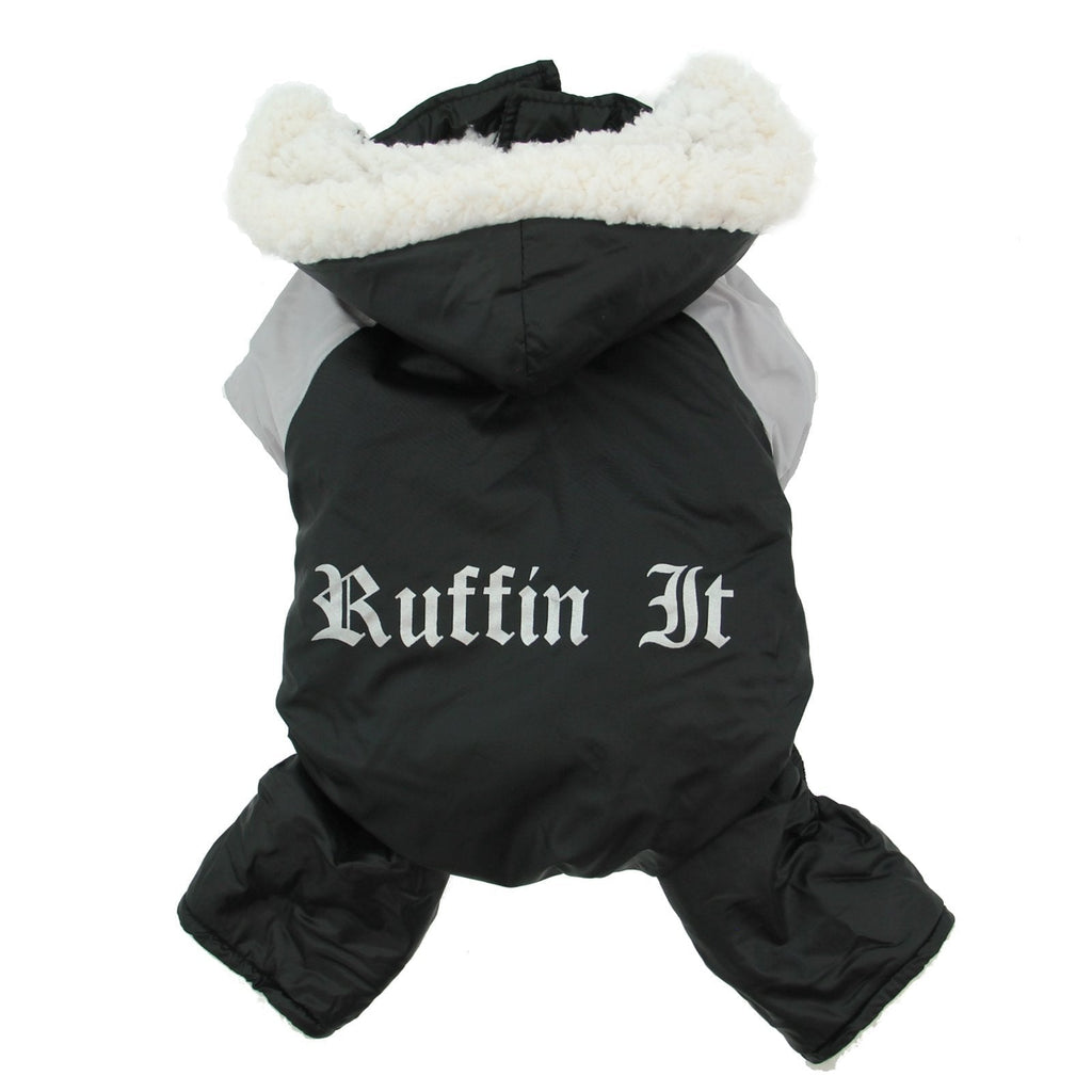 Doggie Design "Ruffin It" Winter Full Dog Snowsuit Harness Coat/Jacket with Removable Hood M (17-19" girth x 14" length) Black & Grey - PawsPlanet Australia