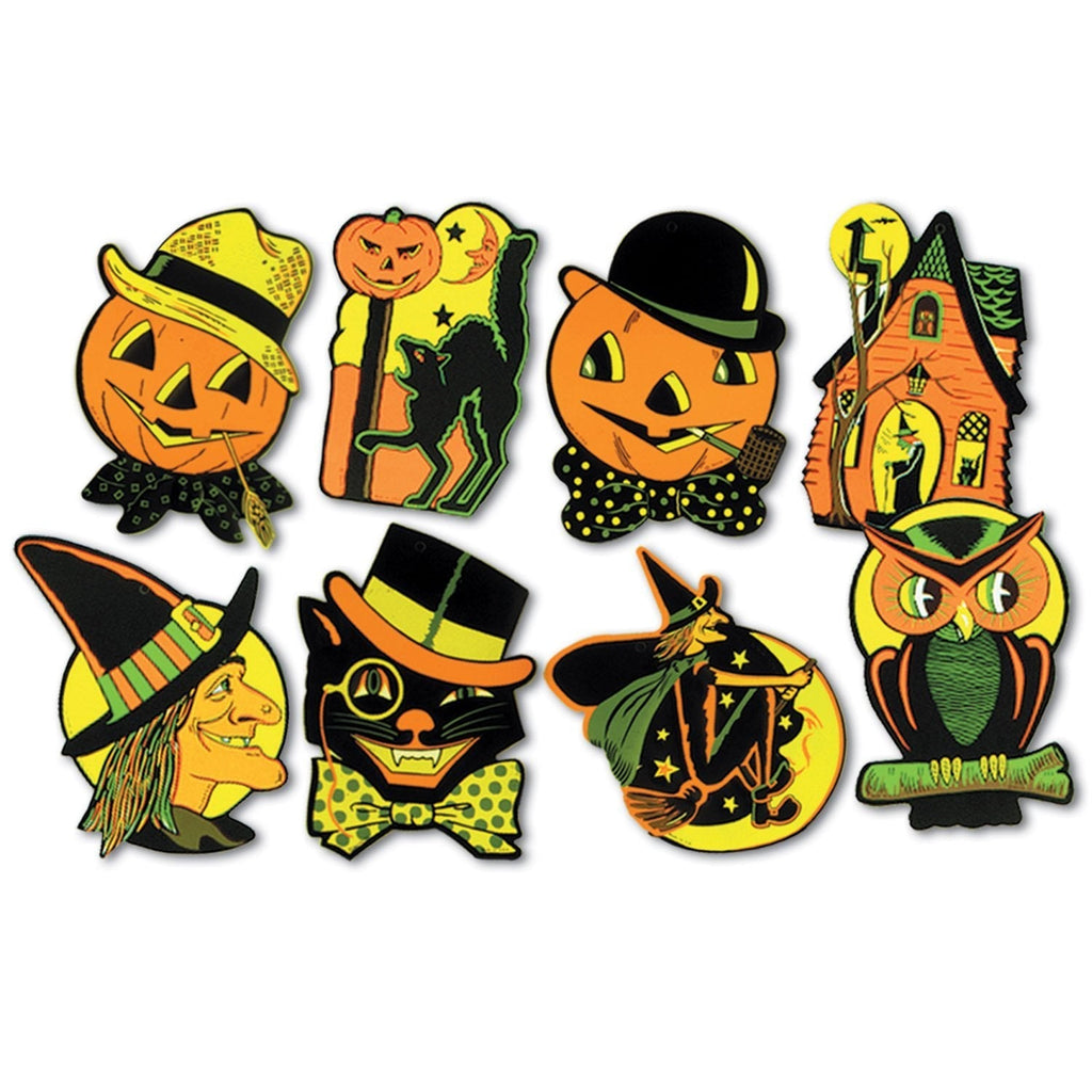 Beistle 4 Piece Retro Vintage Happy Halloween Cut Outs Wall Decorations – Cat, Witch, Owl, Jack O Lantern Party Supplies, 8.5" - 9.25", Multicolored 1 - PawsPlanet Australia