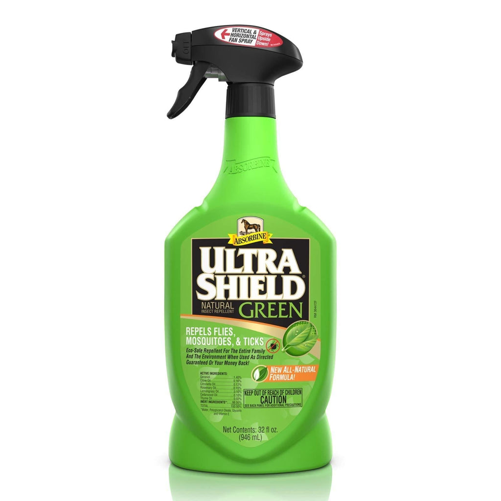 Absorbine UltraShield Green All-Natural Fly Spray for Horses & Dogs, Essential Botanical Oil Eco-Safe Formula Repels & Controls Ticks, Flies, Mosquitoes, Gnats, 32oz Quart Spray Bottle 32oz Quart w/Sprayer - PawsPlanet Australia