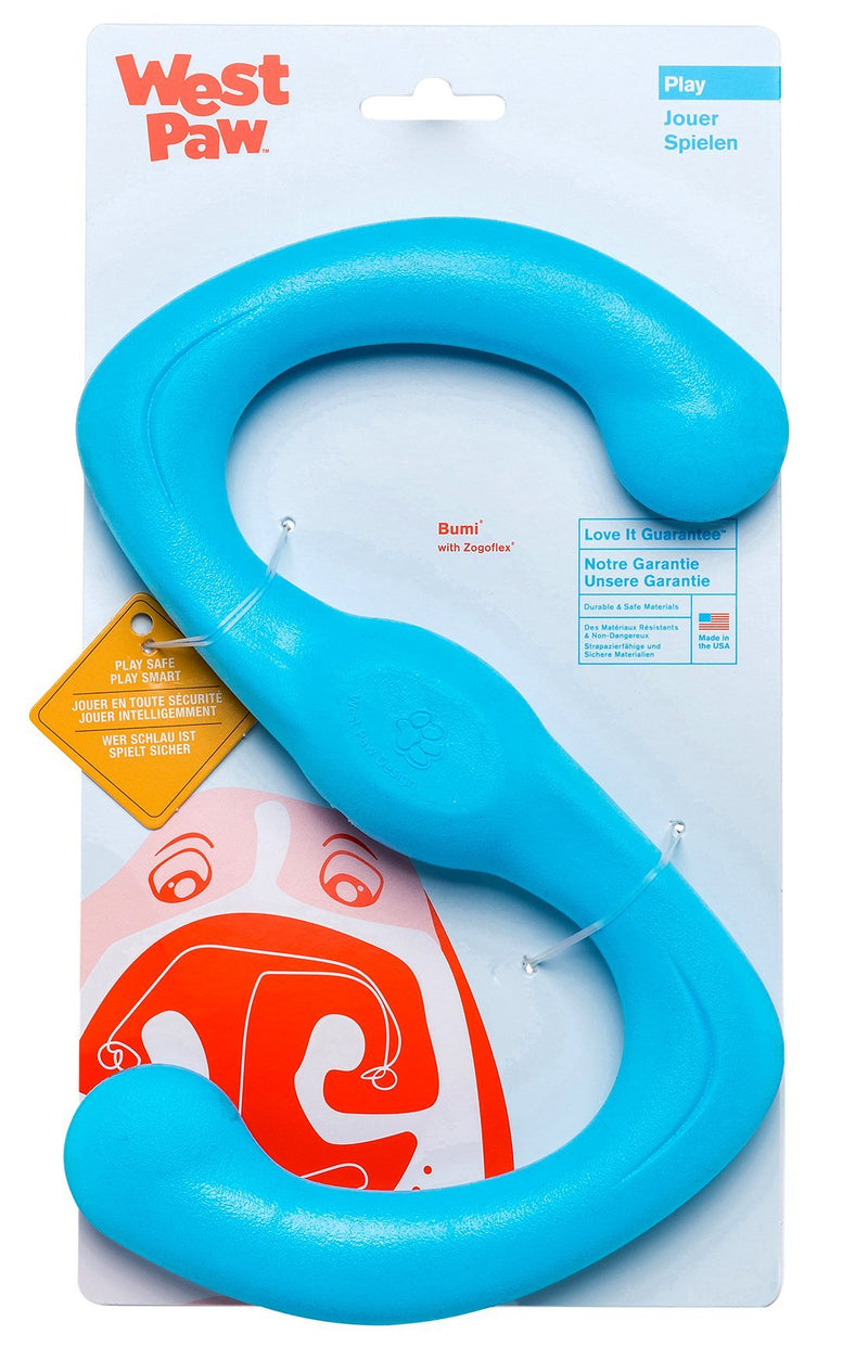 [Australia] - West Paw Zogoflex Bumi Dog Tug Toy – S-Shaped, Lightweight Chew Toys for Fetch, Play, Pet Exercise – Tug of War Soft Flinging Squishy Chewy Toy for Dogs – Guaranteed, Latex-Free, Made in USA Large Aqua Blue 