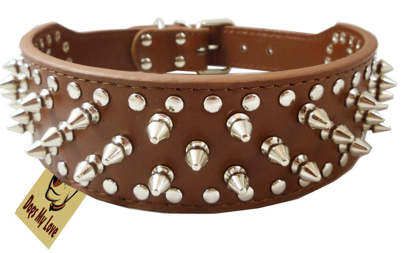 [Australia] - 19"-22" Brown Faux Leather Spiked Studded Dog Collar 2" Wide, 37 Spikes 60 Studs, Pitbull, Boxer 