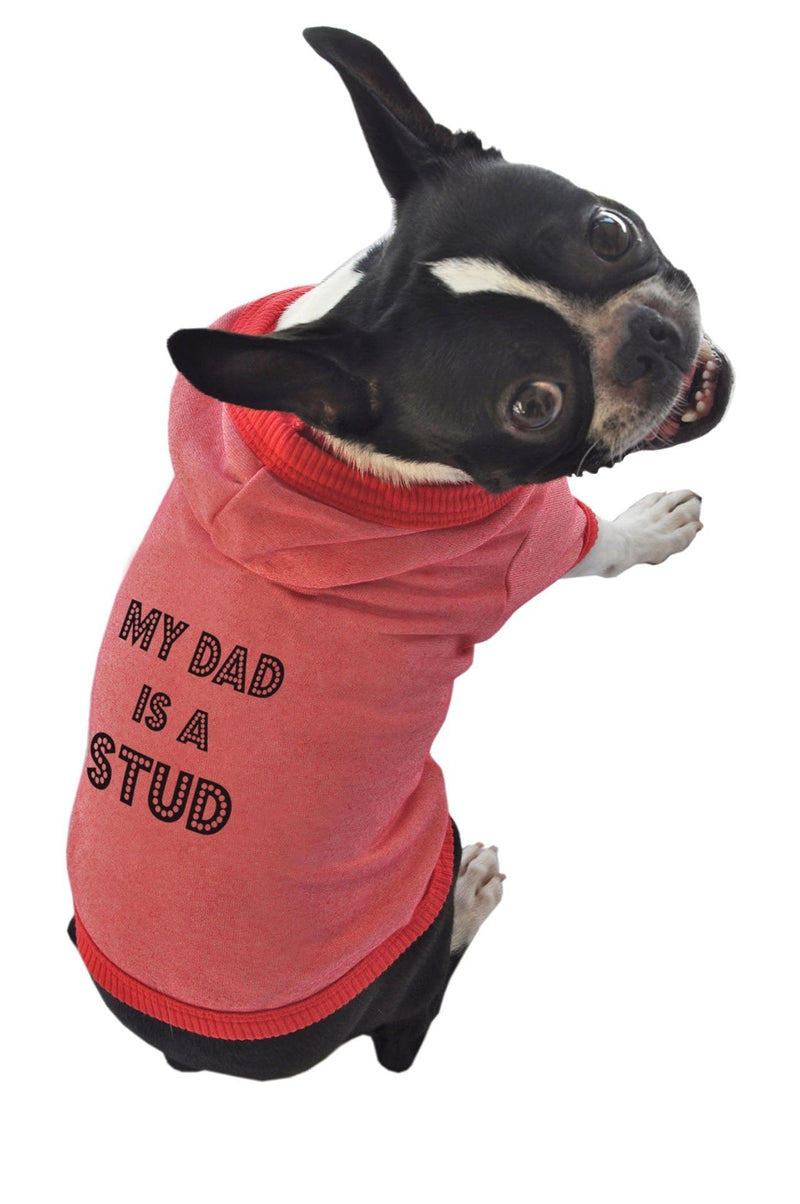 Ruff Ruff and Meow Dog Hoodie, My Dad is a Stud, Red, Small - PawsPlanet Australia
