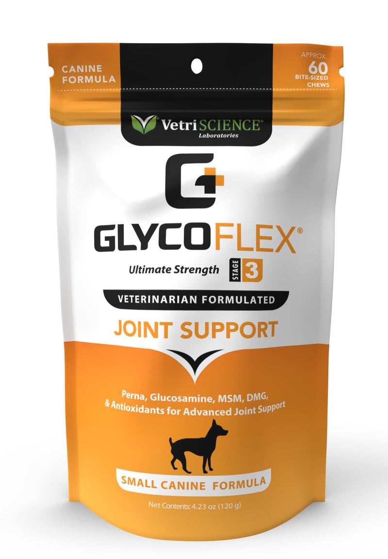 VETRISCIENCE Glycoflex 3 Maximum Strength Hip & Joint Support for Small Dogs Under 30lbs - Glucosamine, DMG, MSM & Green Lipped Mussel - Great Tasting - Vet Recommended, (0900669.060) - PawsPlanet Australia