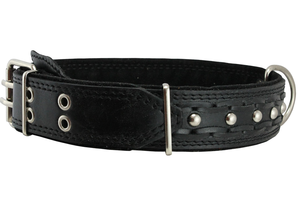 [Australia] - Genuine Leather Braided Studded Dog Collar, Black 1.75" Wide. Fits 22"-27" Neck, XLarge. 