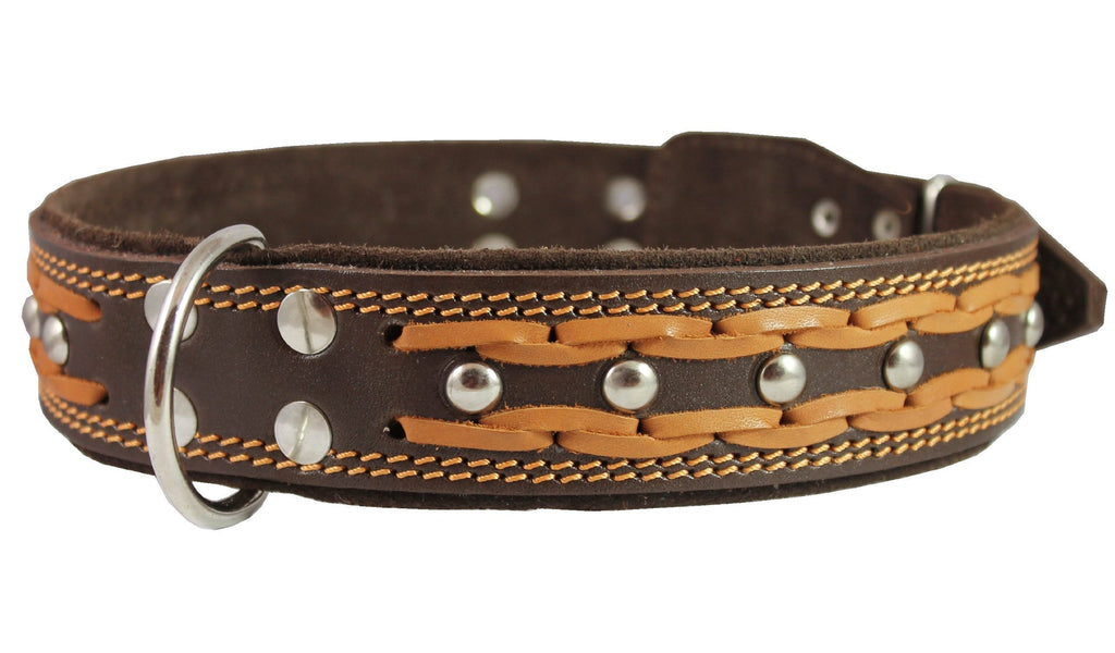 [Australia] - Genuine Leather Braided Studded Dog Collar, Brown 1.75" Wide. Fits 22"-27" Neck, XLarge. 