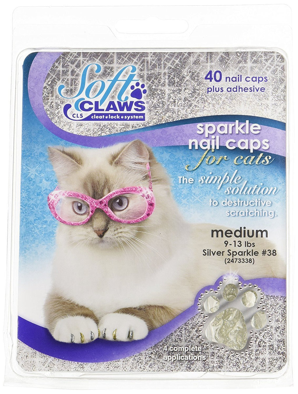 [Australia] - Soft Claws Feline Nail Caps - 40 Nail Caps and Adhesive for Cats (Silver Sparkle, Medium) 