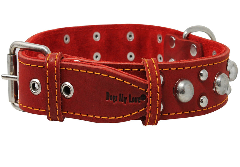 [Australia] - Red Real 1.5" Wide Thick Leather Studded Dog Collar. Fits 17"-21.5" Neck, Large Breeds. 
