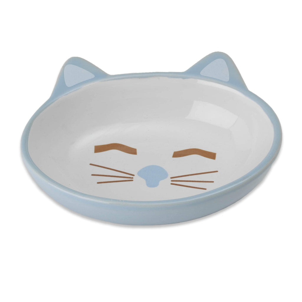 PetRageous Oval Frisky Kitty Stoneware Cat Bowl 5.5-Inch Wide and 1.5-Inch Tall Saucer with 5.3-Ounce Capacity and Dishwasher Safe is Great for Cats Blue - PawsPlanet Australia