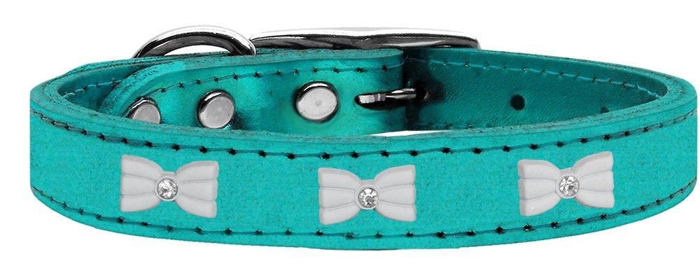 [Australia] - Mirage Pet Products White Bow Widget Genuine Metallic Leather Dog Collar Size 26 Turquoise 