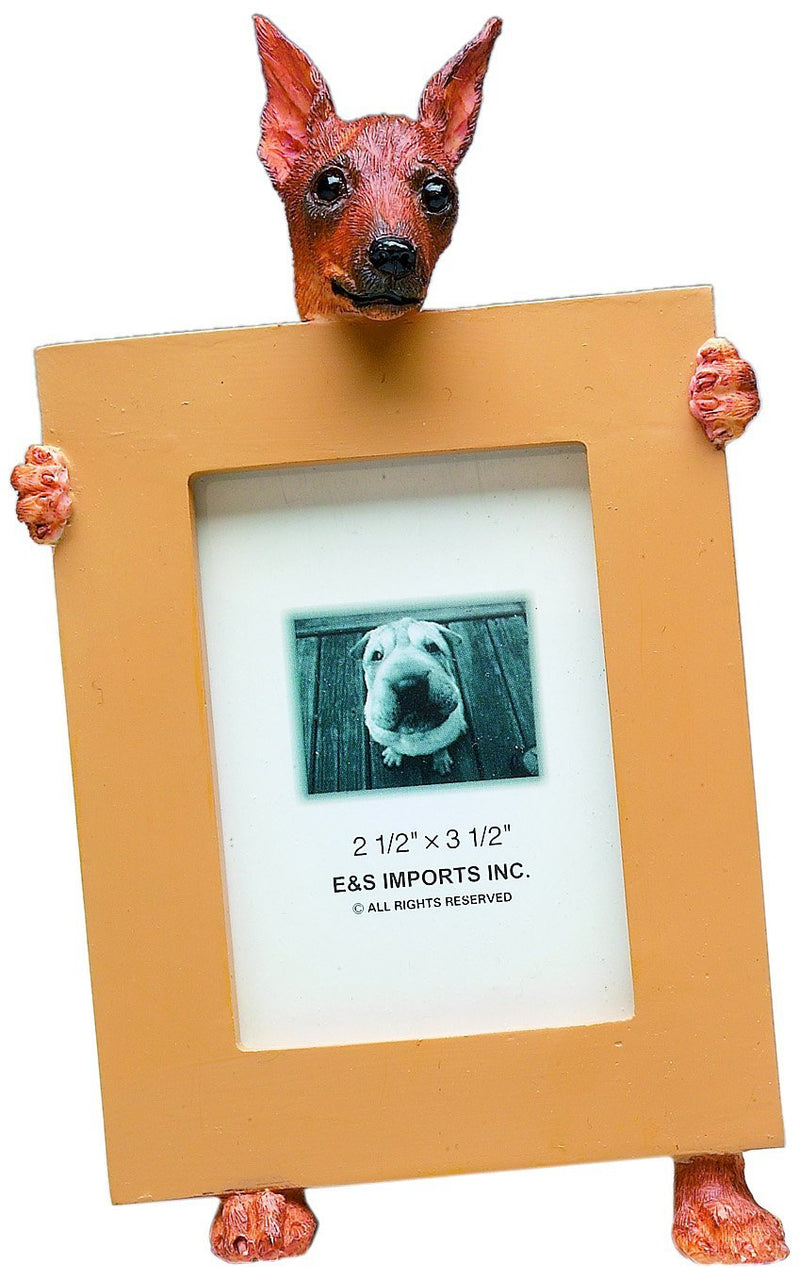 [Australia] - Red Miniature Pinscher Picture Frame Holds Your Favorite 2.5 by 3.5 Inch Photo, Hand Painted Realistic Looking Miniature Pinscher Stands 6 Inches Tall Holding Beautifully Crafted Frame, Unique and Special Miniature Pinscher Gifts for Miniature Pinscher... 