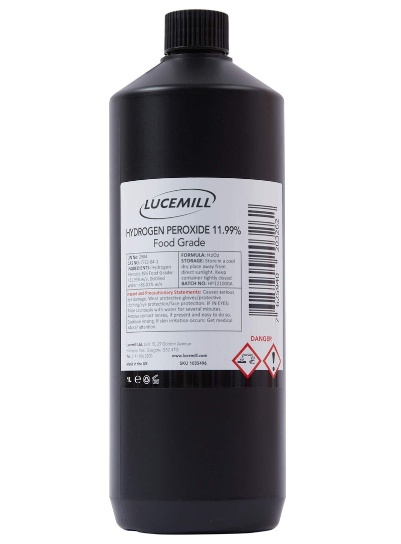 LUCEMILL Hydrogen Peroxide 11.99% Food Grade 1 Litre, Unstablised and additive free - PawsPlanet Australia