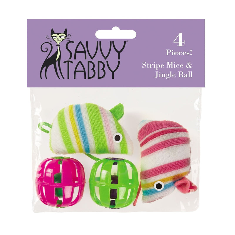 [Australia] - SAVVY TABBY Striped Mice and Jingle Balls Cat Toys, 4-Packs 