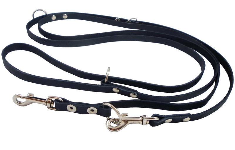 [Australia] - Black 6 Way European Multifunctional Leather Dog Leash, Adjustable Schutzhund Lead 49"-94" Long, 3/8" Wide (10 mm) for Small Dogs 