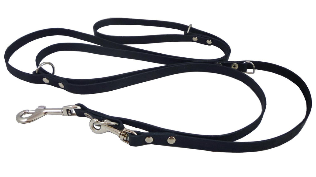 [Australia] - Black 6 Way European Multifunctional Leather Dog Leash, Adjustable Schutzhund Lead 49"-94" Long, 1/2" Wide (12 mm) for Medium Dogs 