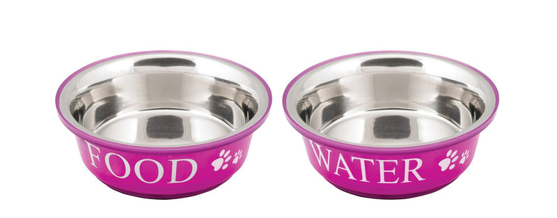 [Australia] - Buddy'S Line Non-Skid Stainless Steel Fusion Food/Water Serving Pet Bowl - Pack of 2 Fuchsia/White 2-Quarts 