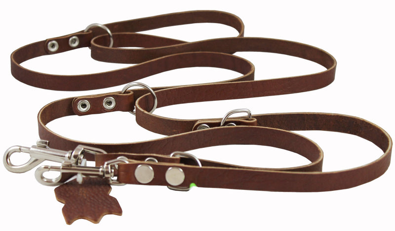 [Australia] - Multifunctional Leather Dog Leash, Adjustable Schutzhund 6 Way European Lead Brown 49"-94" Long, 1/2" Wide (12 mm) for Medium Dogs 
