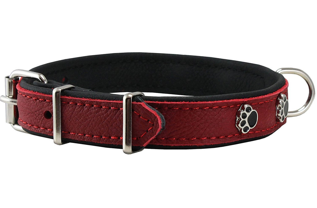 [Australia] - Genuine Red Leather Metal Paw Studs Soft Red Leather Padded Dog Collar 5/8" Wide. Fits 10"-12" Neck. 