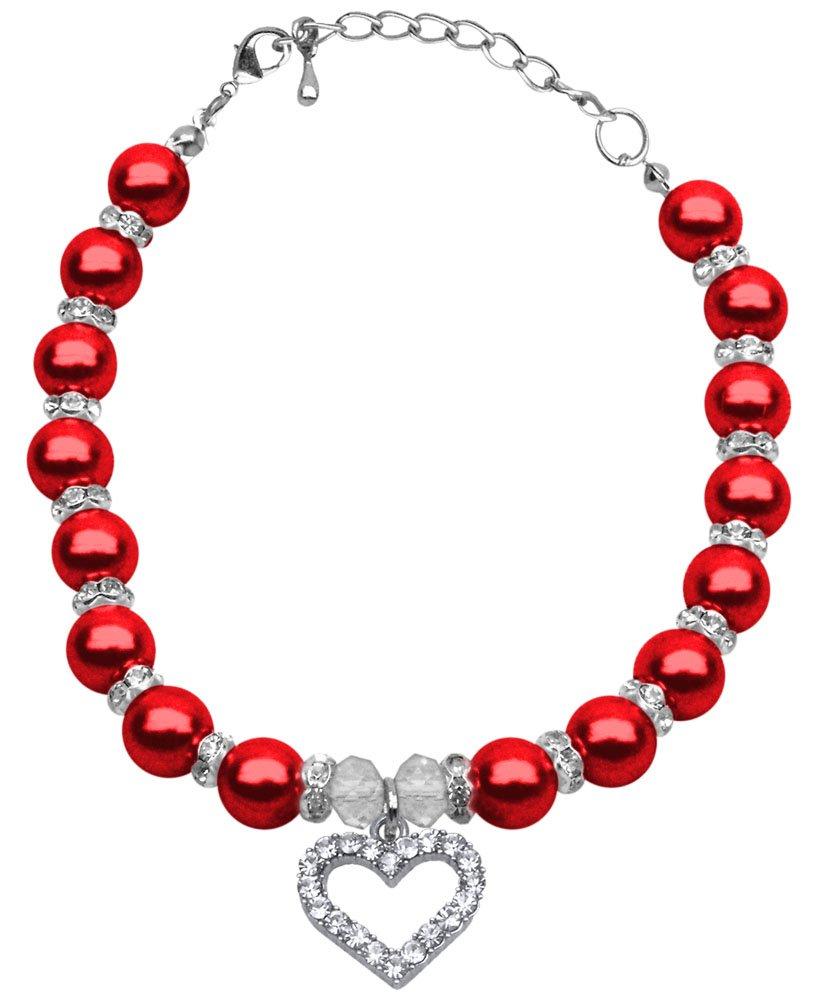 Mirage Pet Products 8 to 10-Inch Heart and Pearl Necklace, Medium, Red - PawsPlanet Australia