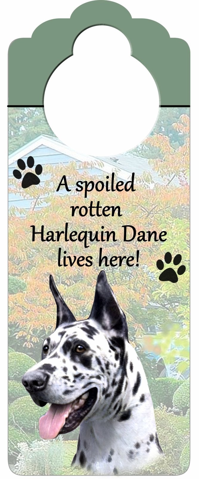 [Australia] - Harlequin Dane Wood Sign "A Spoiled Rotten Harlequin Dane Lives Here"with Artistic Photograph Measuring 10 by 4 Inches Can Be Hung On Doorknobs Or Anywhere In Home 