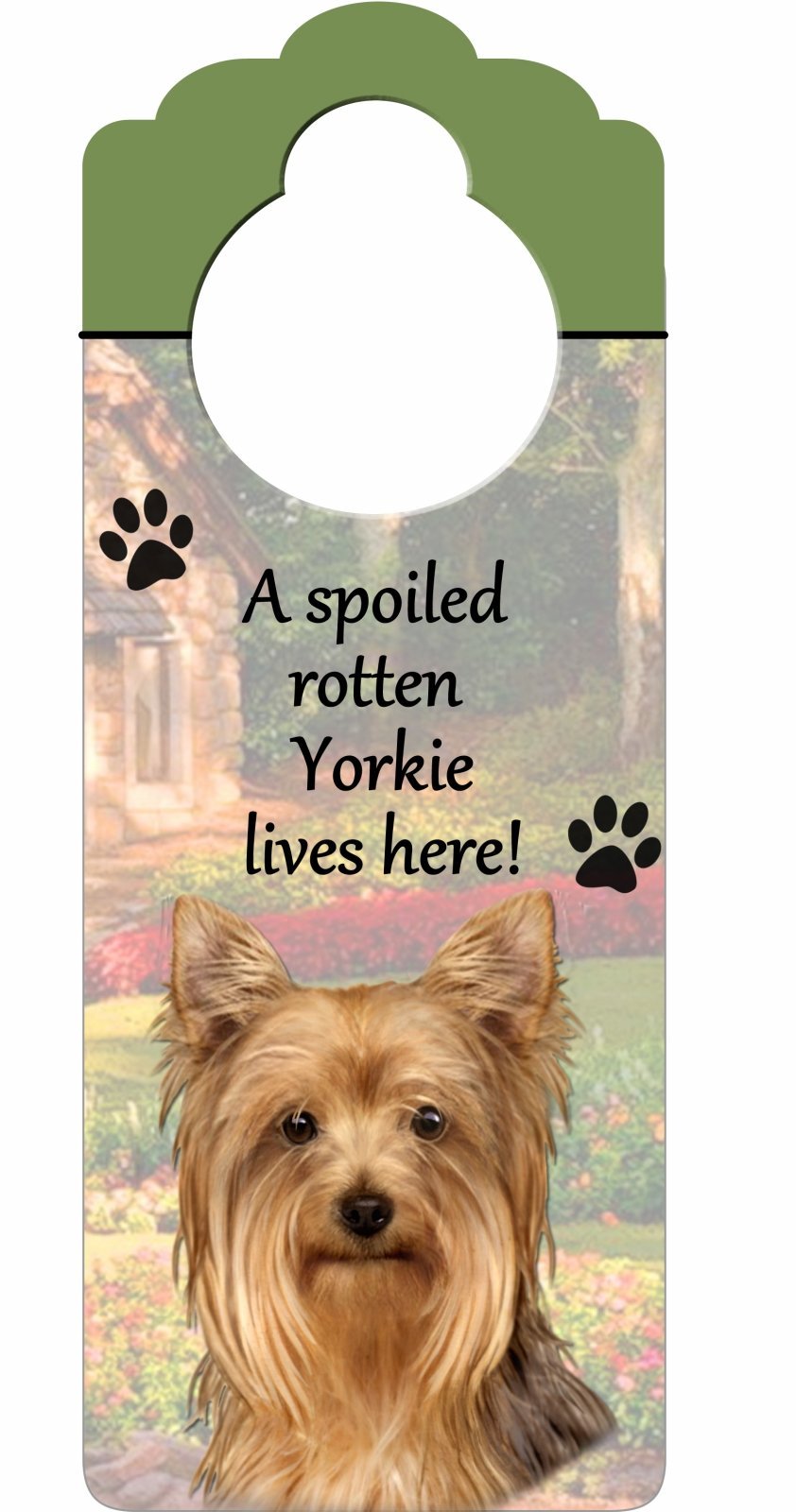 [Australia] - Yorkie Wood Sign "A Spoiled Rotten Yorkie Lives Here"with Artistic Photograph Measuring 10 by 4 Inches Can Be Hung On Doorknobs Or Anywhere In Home 