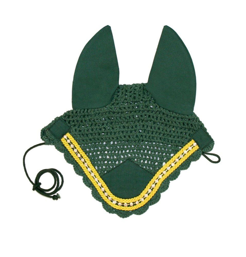 Paris Tack Premium Show Crochet Horse Fly Veil Bonnet with Crystal Brow and Soft Knit Ears - Provides Protection from Insects without Impairing Vision, Full Horse, Hunter Green - PawsPlanet Australia